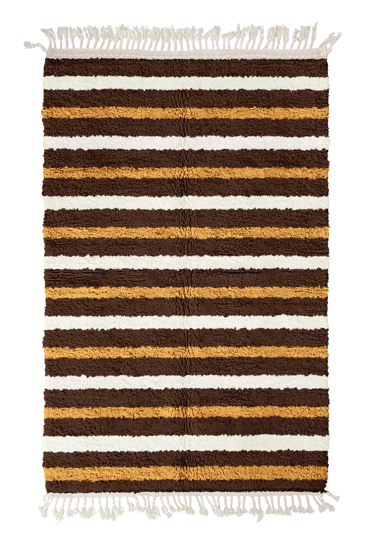 Full Bands striped wool rug, cream bands and ochre yellow stripes on dark espresso brown, full view