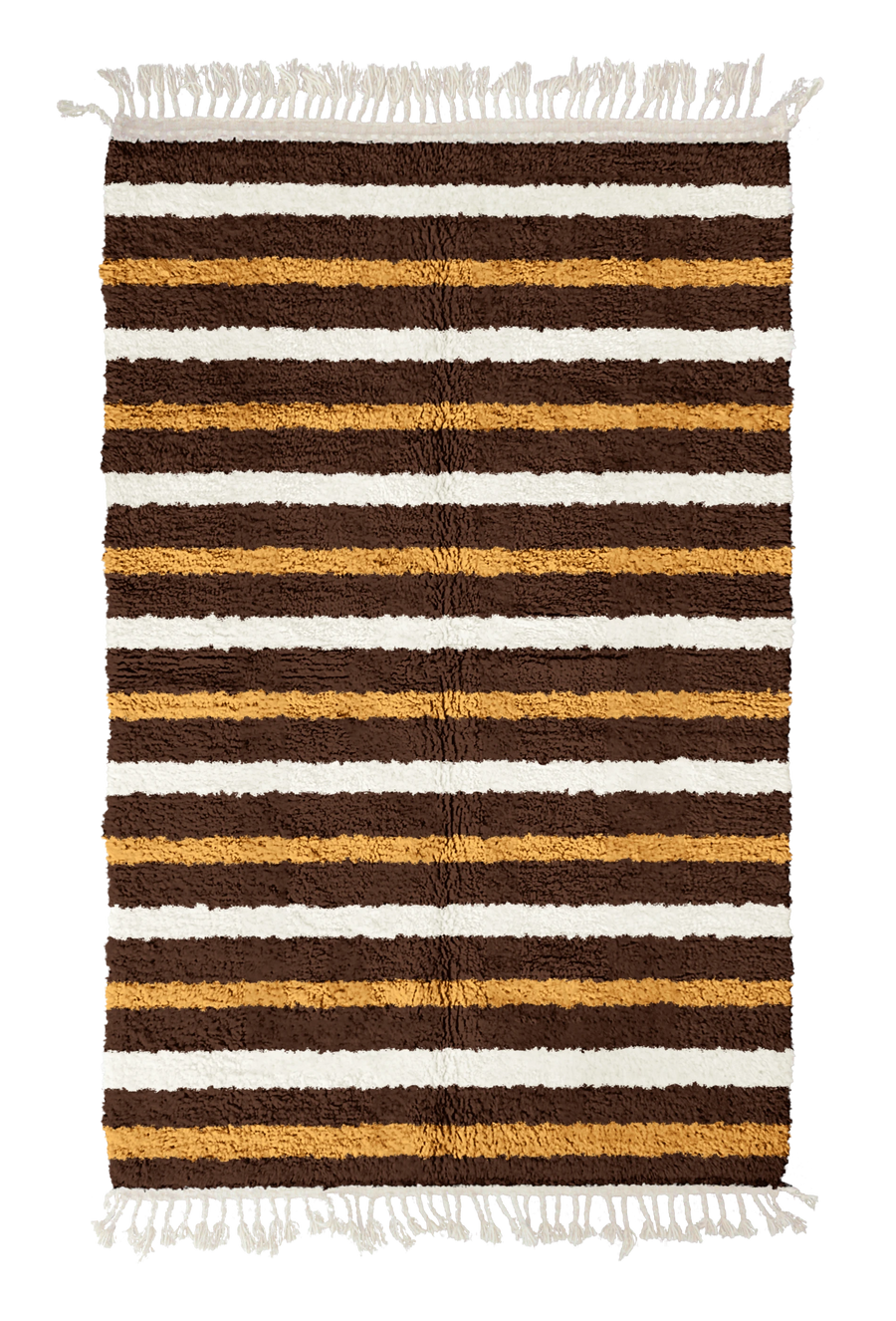 Full Bands striped wool rug, cream bands and ochre yellow stripes on dark espresso brown, full view