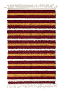 Full Bands striped wool rug, ochre yellow bands and cream stripes on burgundy, full view