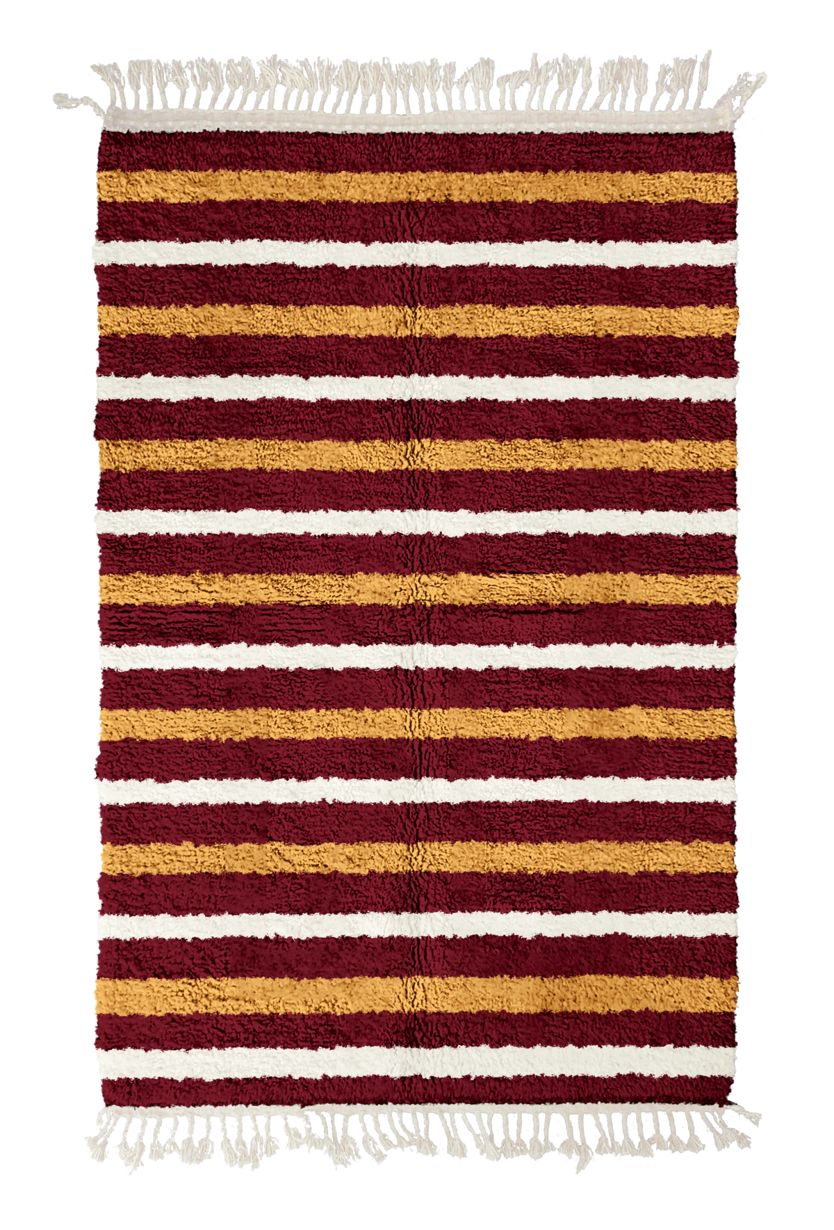 Full Bands striped wool rug, ochre yellow bands and cream stripes on burgundy, full view