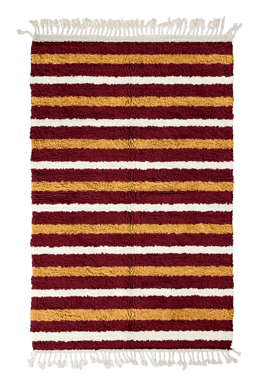 Full Bands striped wool rug, ochre yellow bands and cream stripes on burgundy, full view