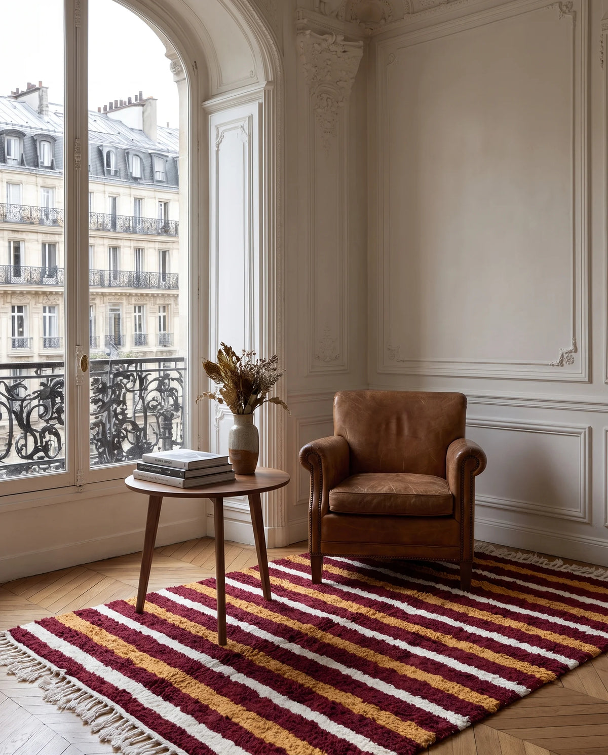 Ochre Yellow, Cream and Burgundy striped wool rug in a furnished room