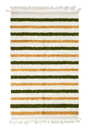 Full Bands striped wool rug, olive green bands and ochre yellow stripes on cream, full view