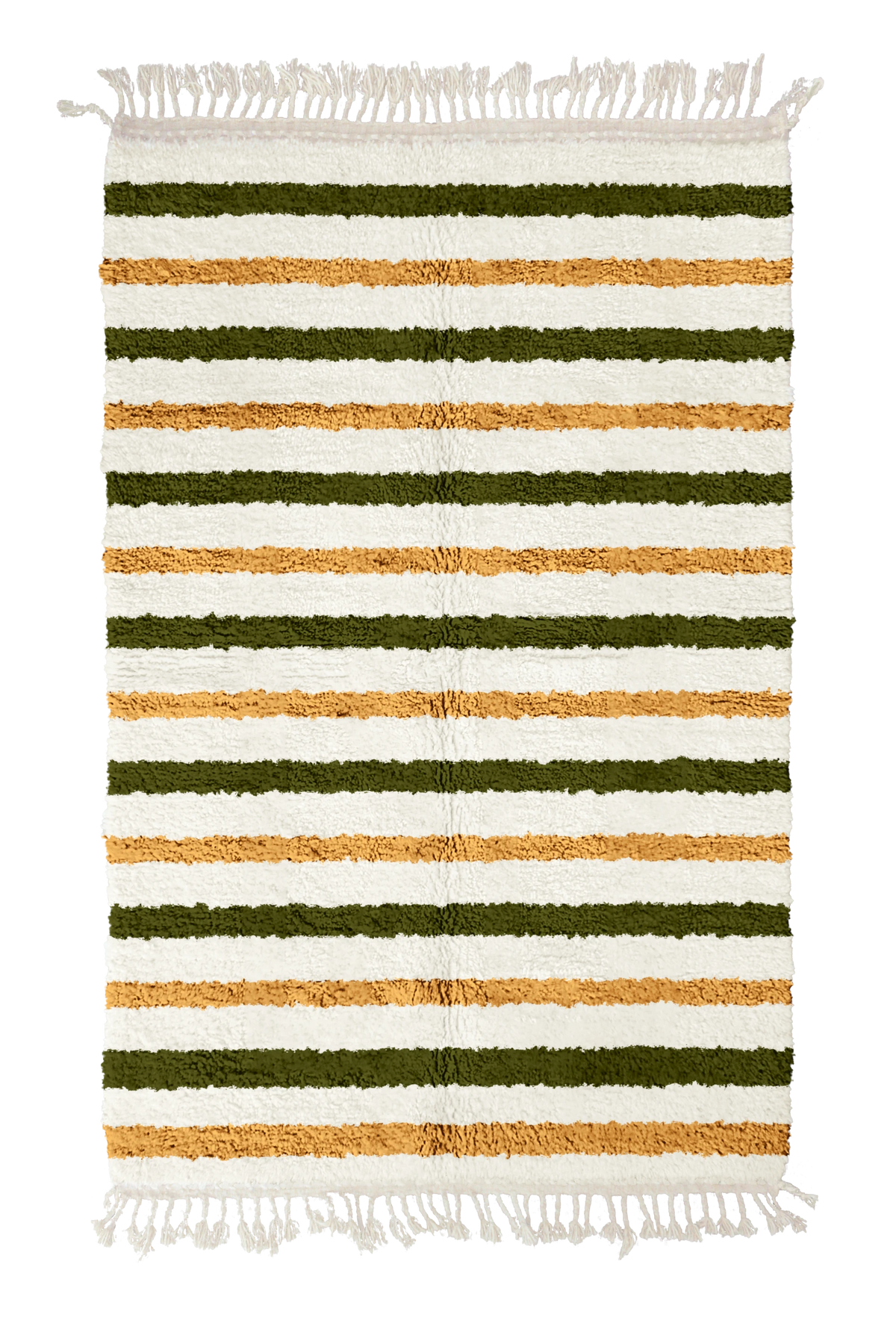 Full Bands striped wool rug, olive green bands and ochre yellow stripes on cream, full view