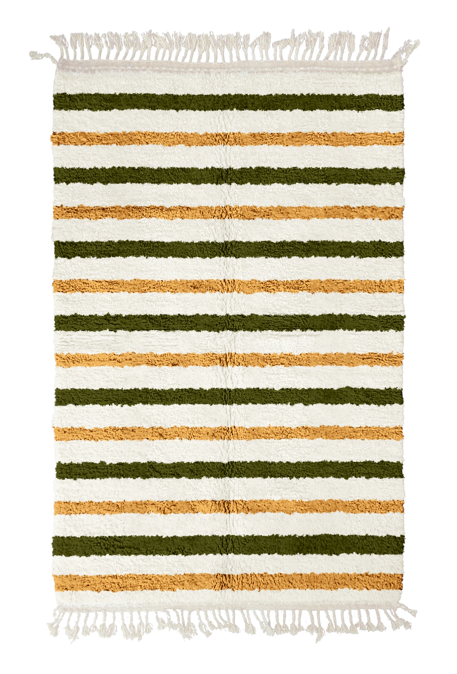 Full Bands striped wool rug, olive green bands and ochre yellow stripes on cream, full view