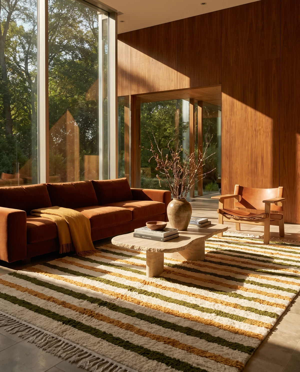 Olive Green, Ochre Yellow and Cream striped wool rug in a furnished room