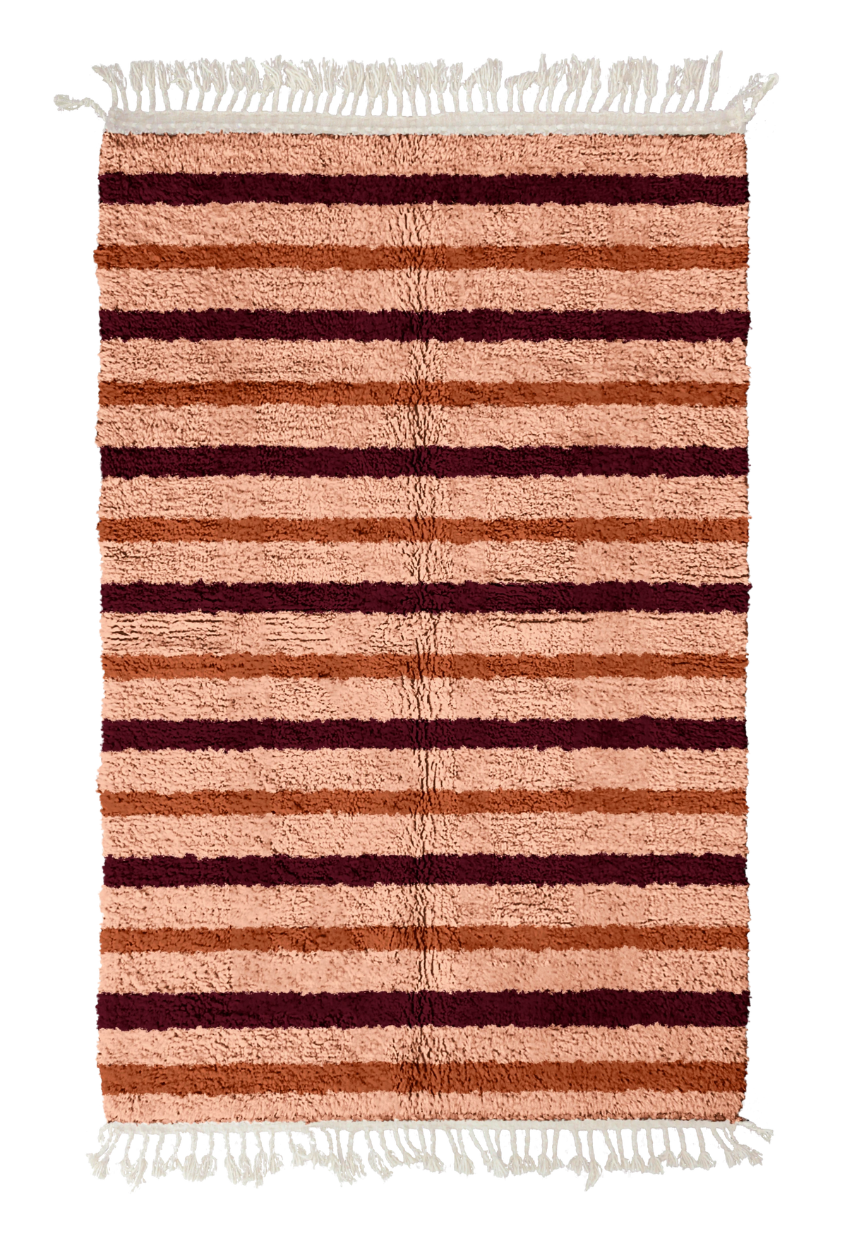 Full Bands striped wool rug, oxblood red bands and terracotta stripes on blush pink, full view