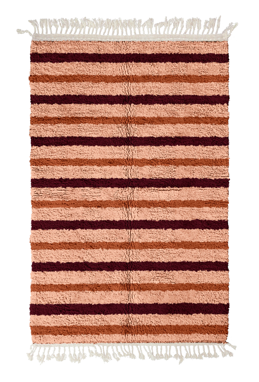 Full Bands striped wool rug, oxblood red bands and terracotta stripes on blush pink, full view