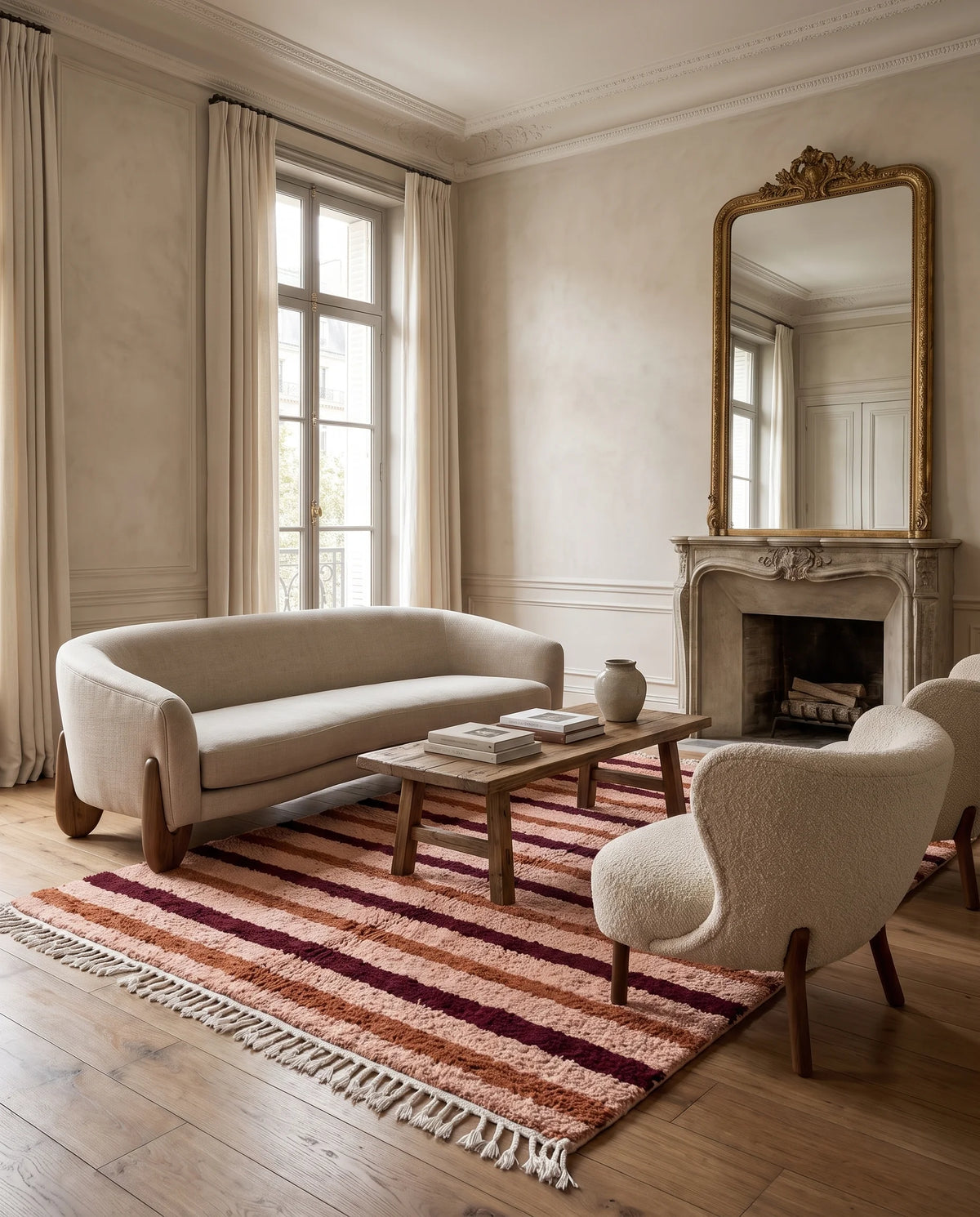 Burgundy, Terracotta and Blush Pink striped wool rug in a furnished room