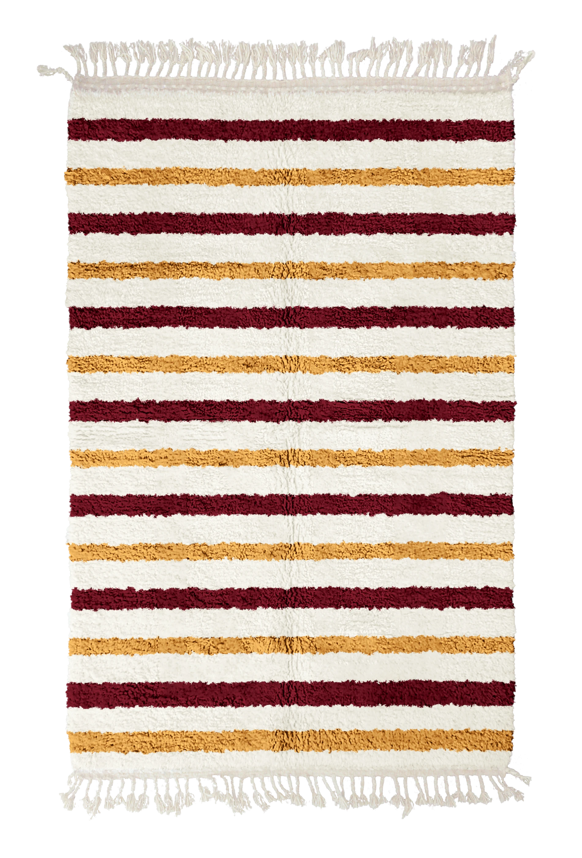 Full Bands striped wool rug, burgundy bands and ochre yellow stripes on cream, full view