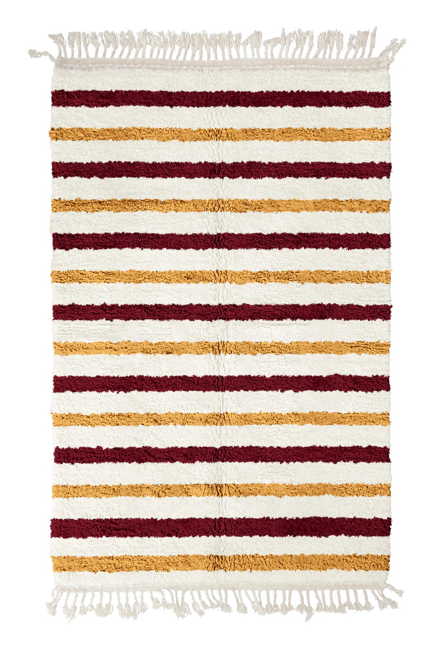 Full Bands striped wool rug, burgundy bands and ochre yellow stripes on cream, full view