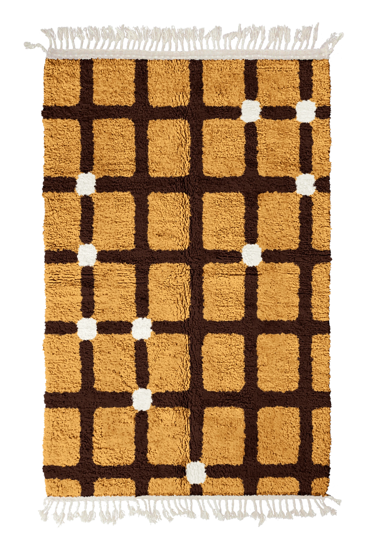 Square Crossing grid wool rug, dark brown lines and cream accents on ochre yellow, full view