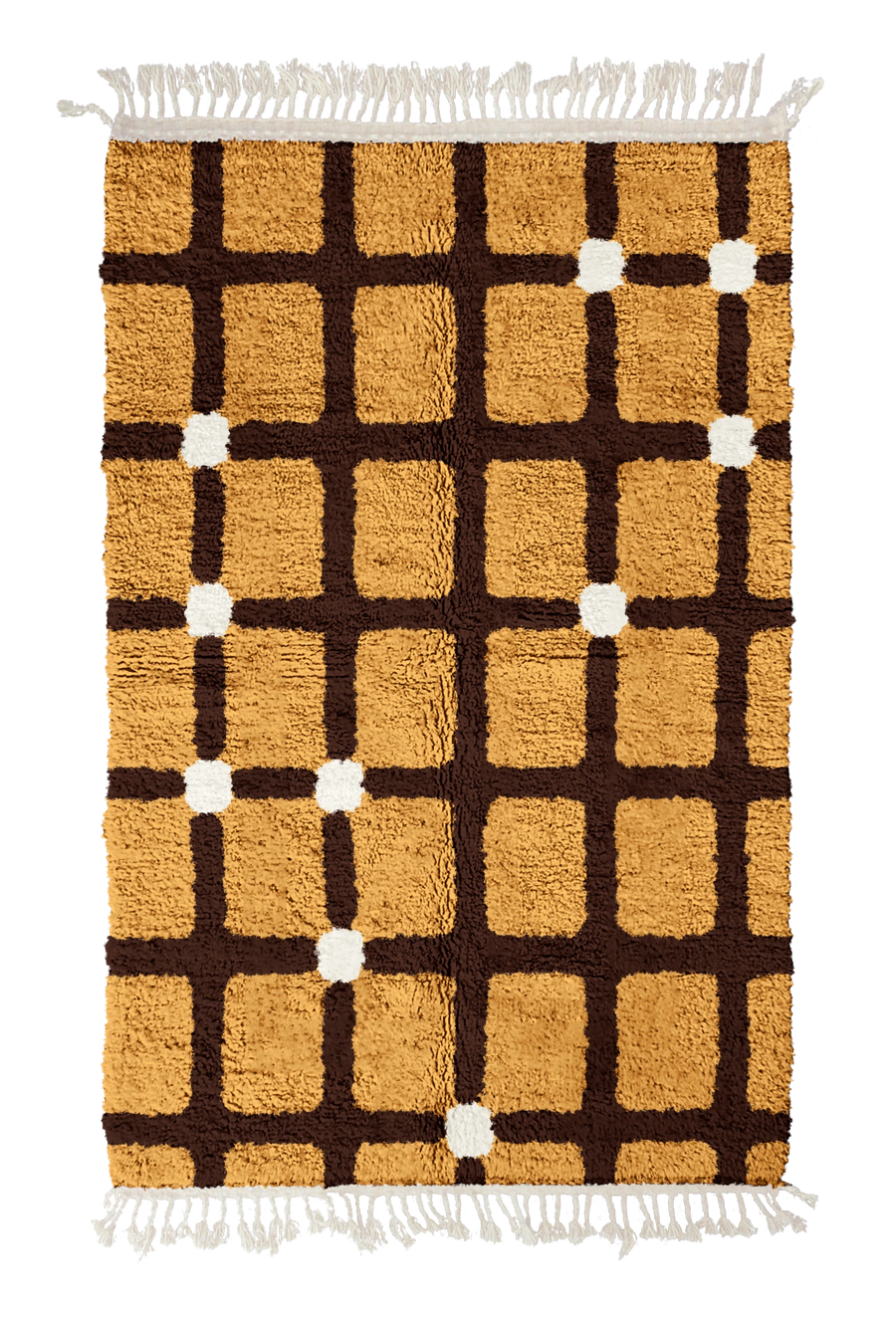 Square Crossing grid wool rug, dark brown lines and cream accents on ochre yellow, full view