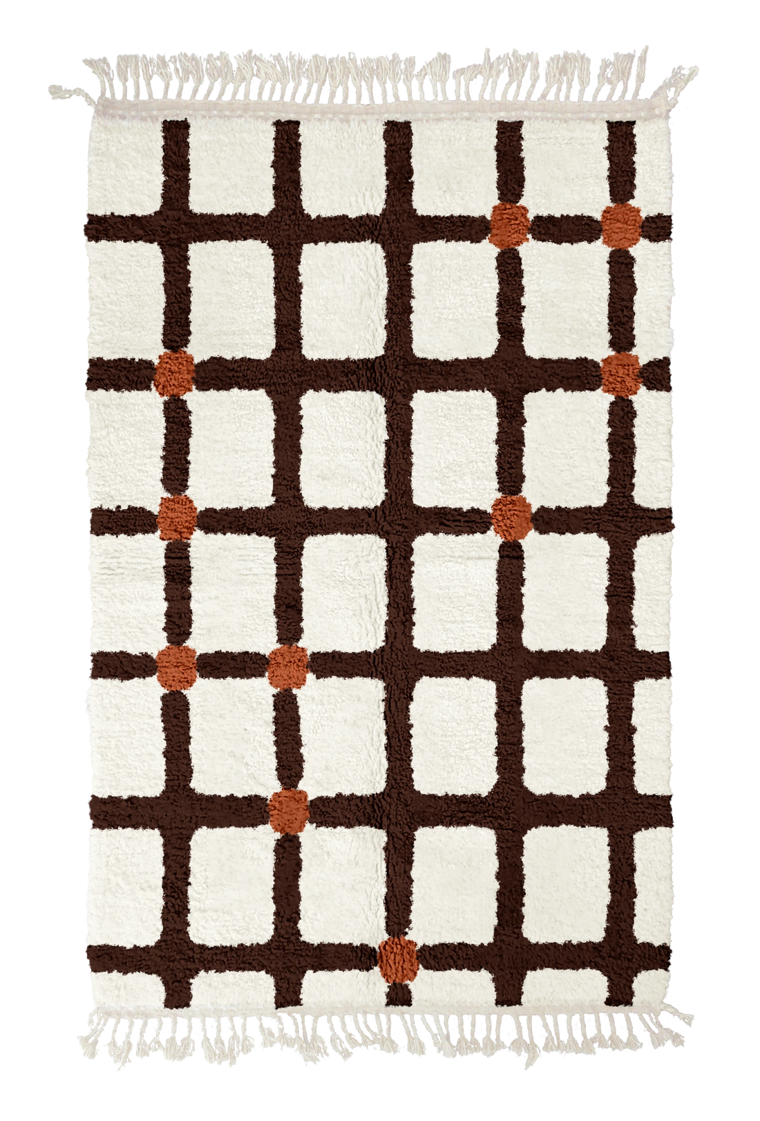 Square Crossing grid wool rug, dark brown lines and terracotta accents on cream, full view