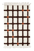 Load image into Gallery viewer, Square Crossing grid wool rug, dark brown lines and terracotta accents on cream, full view
