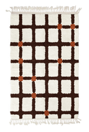 Square Crossing grid wool rug, dark brown lines and terracotta accents on cream, full view