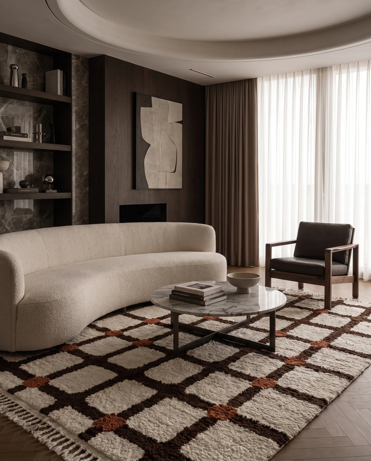 Brown, Terracotta and Cream grid wool rug in a furnished room