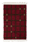 Load image into Gallery viewer, Square Crossing grid wool rug, dark brown lines and warm taupe accents on burgundy, full view
