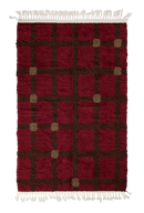 Square Crossing grid wool rug, dark brown lines and warm taupe accents on burgundy, full view