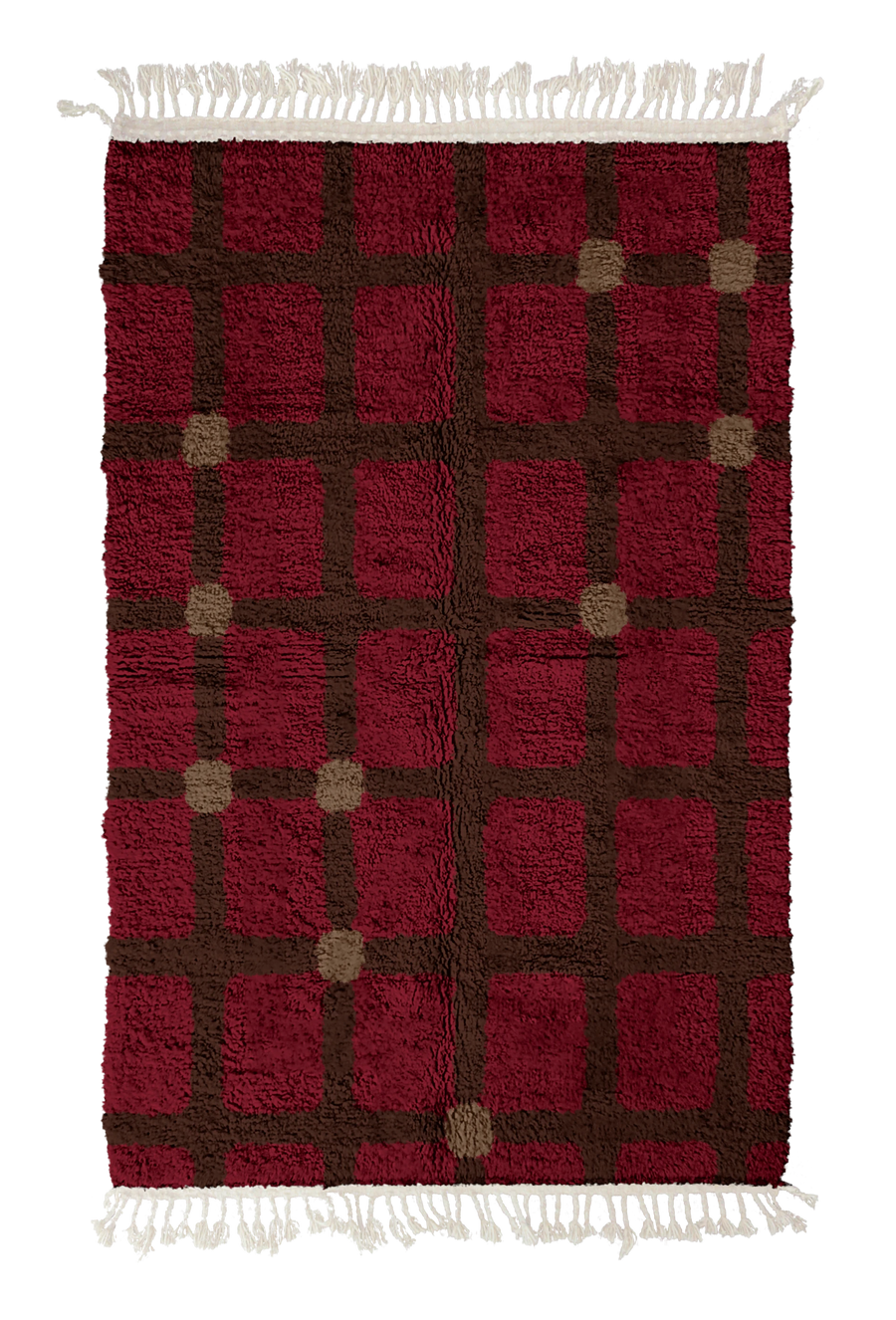 Square Crossing grid wool rug, dark brown lines and warm taupe accents on burgundy, full view