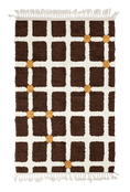 Load image into Gallery viewer, Square Crossing grid wool rug, cream lines and ochre yellow accents on dark espresso brown, full view
