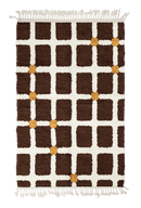 Square Crossing grid wool rug, cream lines and ochre yellow accents on dark espresso brown, full view