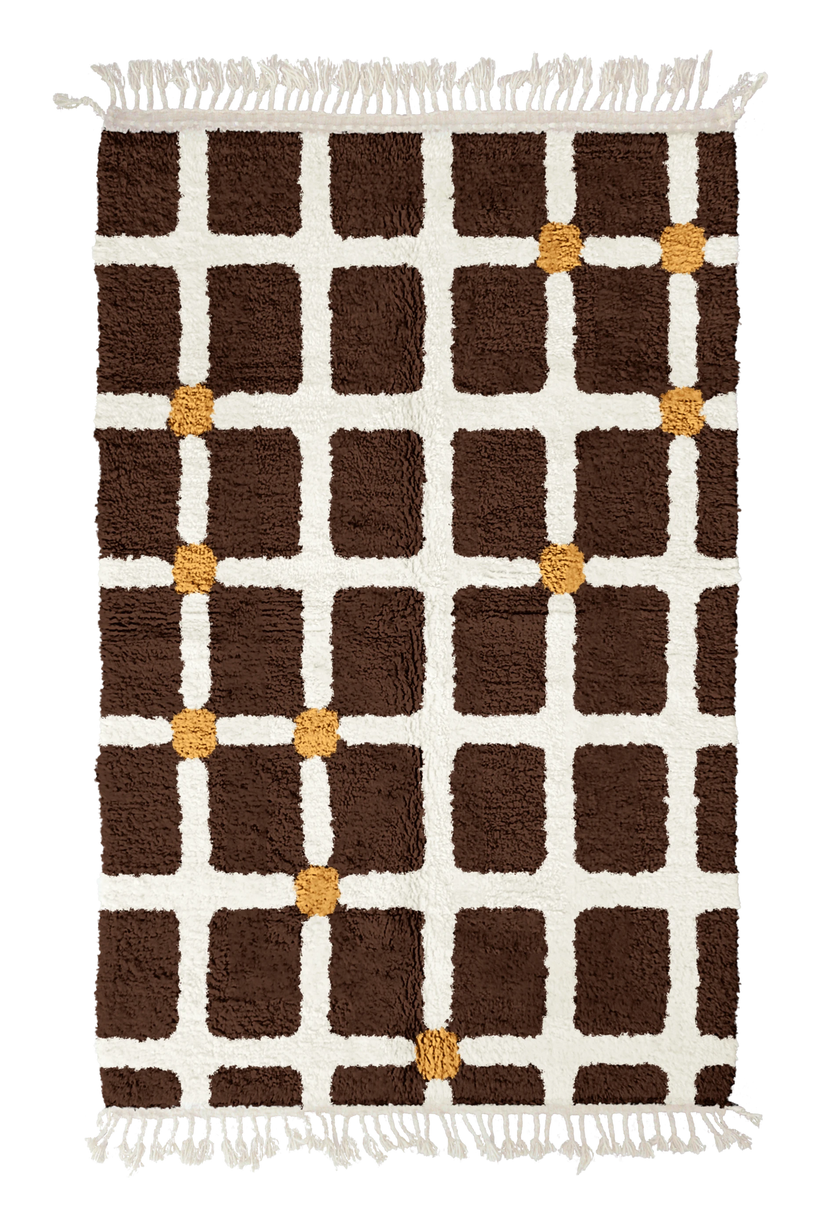 Square Crossing grid wool rug, cream lines and ochre yellow accents on dark espresso brown, full view