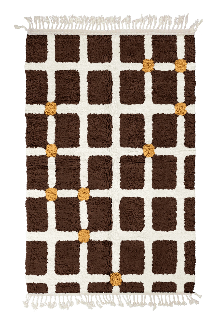 Square Crossing grid wool rug, cream lines and ochre yellow accents on dark espresso brown, full view