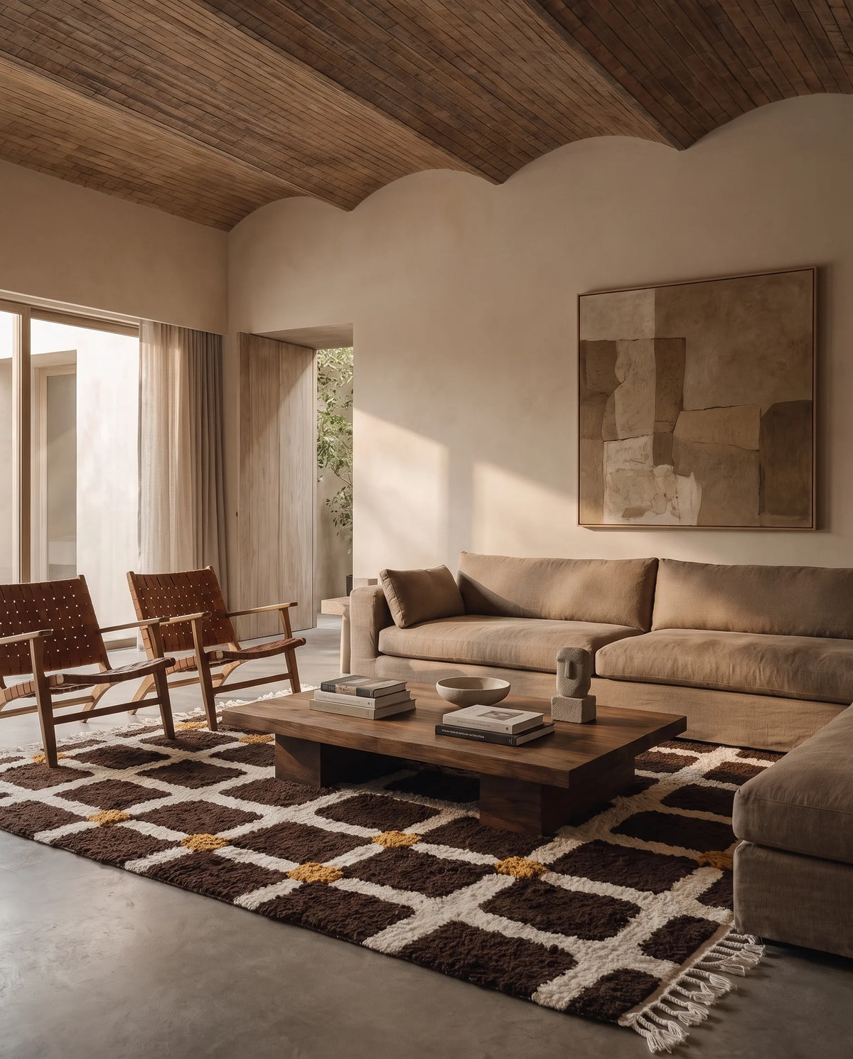 Cream, Ochre Yellow and Dark Brown grid wool rug in a furnished room