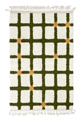 Load image into Gallery viewer, Square Crossing grid wool rug, olive green lines and ochre yellow accents on cream, full view
