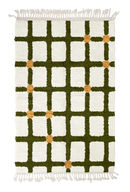 Square Crossing grid wool rug, olive green lines and ochre yellow accents on cream, full view