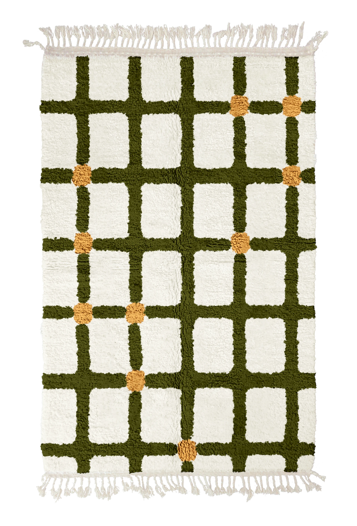 Square Crossing grid wool rug, olive green lines and ochre yellow accents on cream, full view