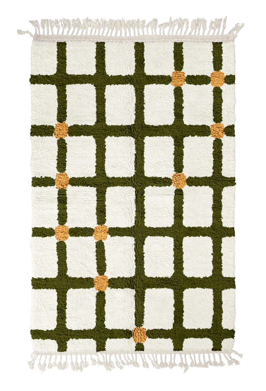 Square Crossing grid wool rug, olive green lines and ochre yellow accents on cream, full view