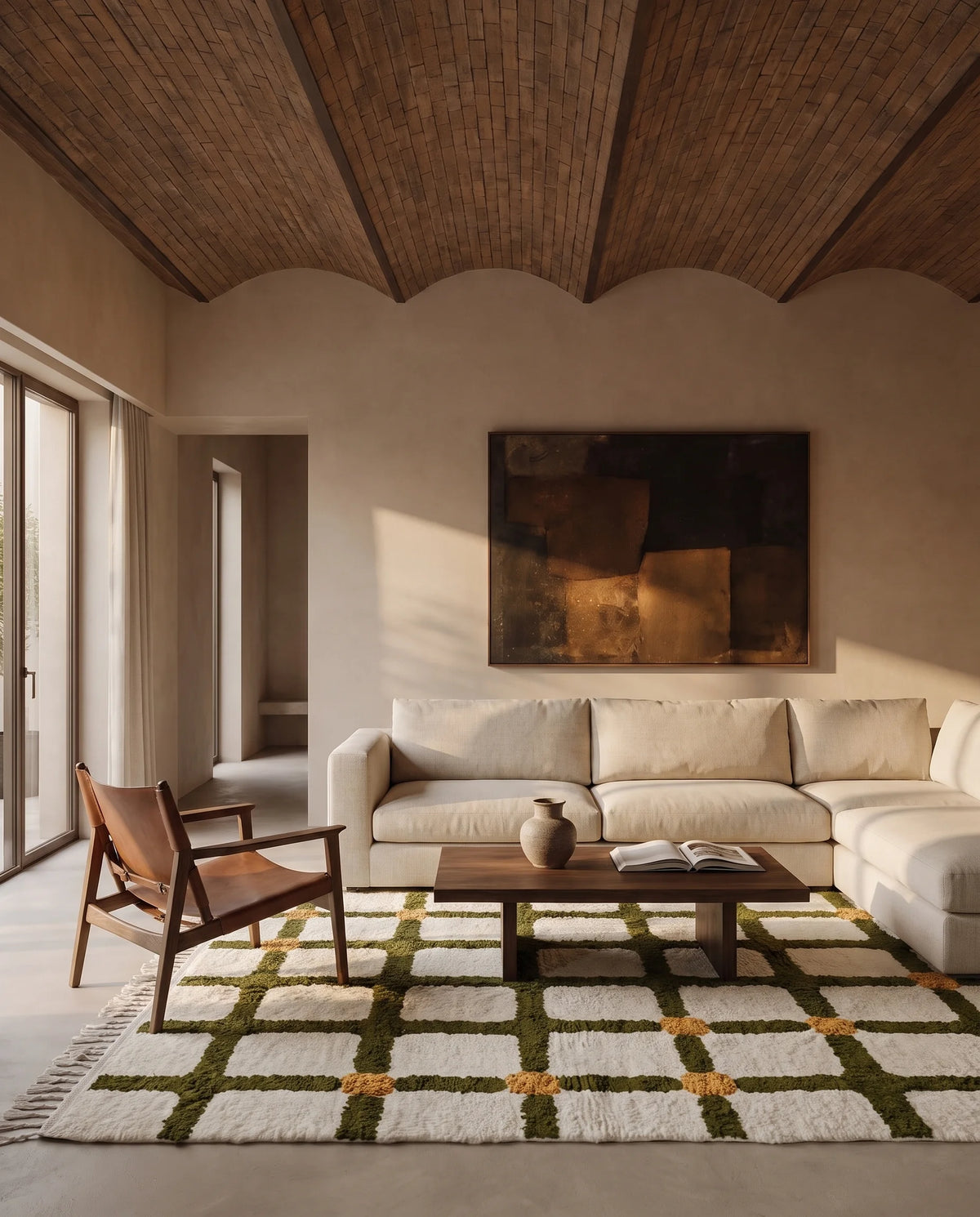 Olive Green, Ochre Yellow and Cream grid wool rug in a furnished room