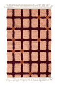Load image into Gallery viewer, Square Crossing grid wool rug, oxblood red lines and terracotta accents on blush pink, full view
