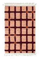 Square Crossing grid wool rug, oxblood red lines and terracotta accents on blush pink, full view