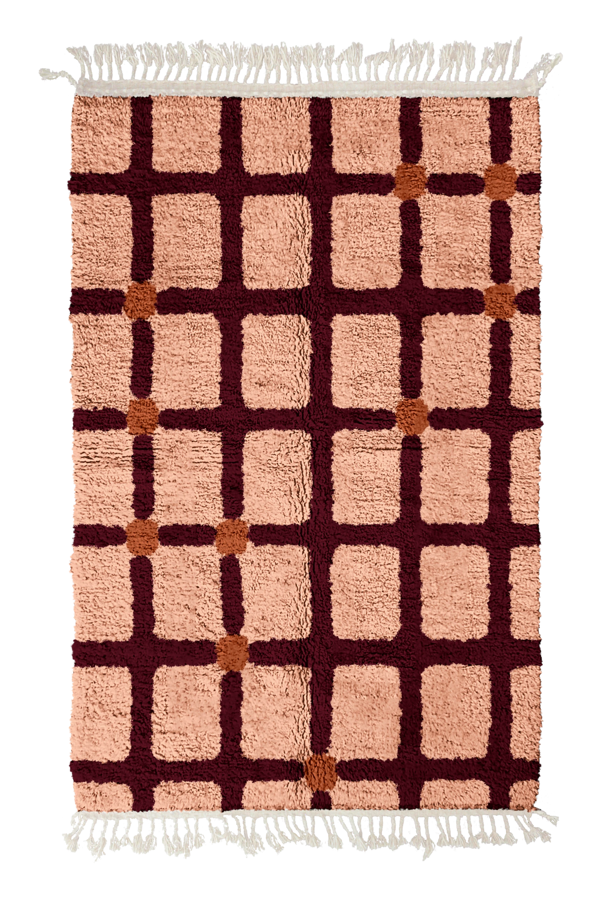 Square Crossing grid wool rug, oxblood red lines and terracotta accents on blush pink, full view