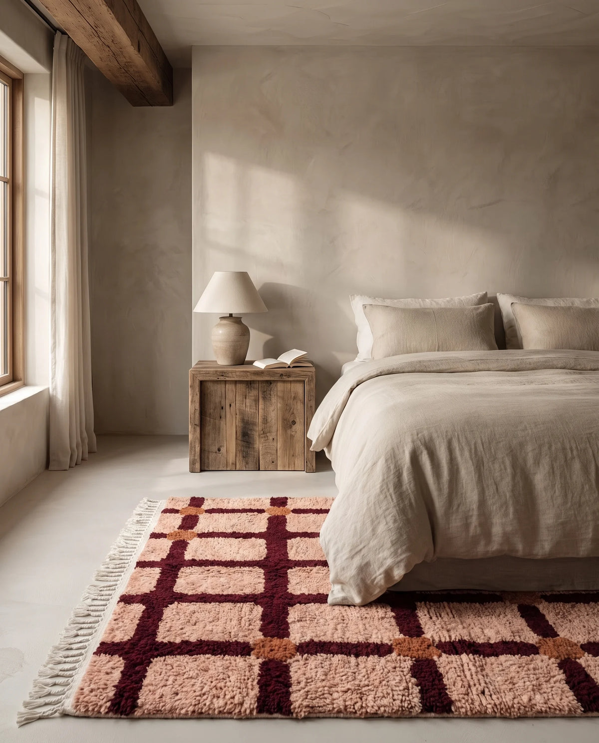 Burgundy, Terracotta and Blush Pink grid wool rug in a furnished room
