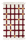 Load image into Gallery viewer, Square Crossing grid wool rug, burgundy lines and ochre yellow accents on cream, full view
