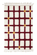 Square Crossing grid wool rug, burgundy lines and ochre yellow accents on cream, full view