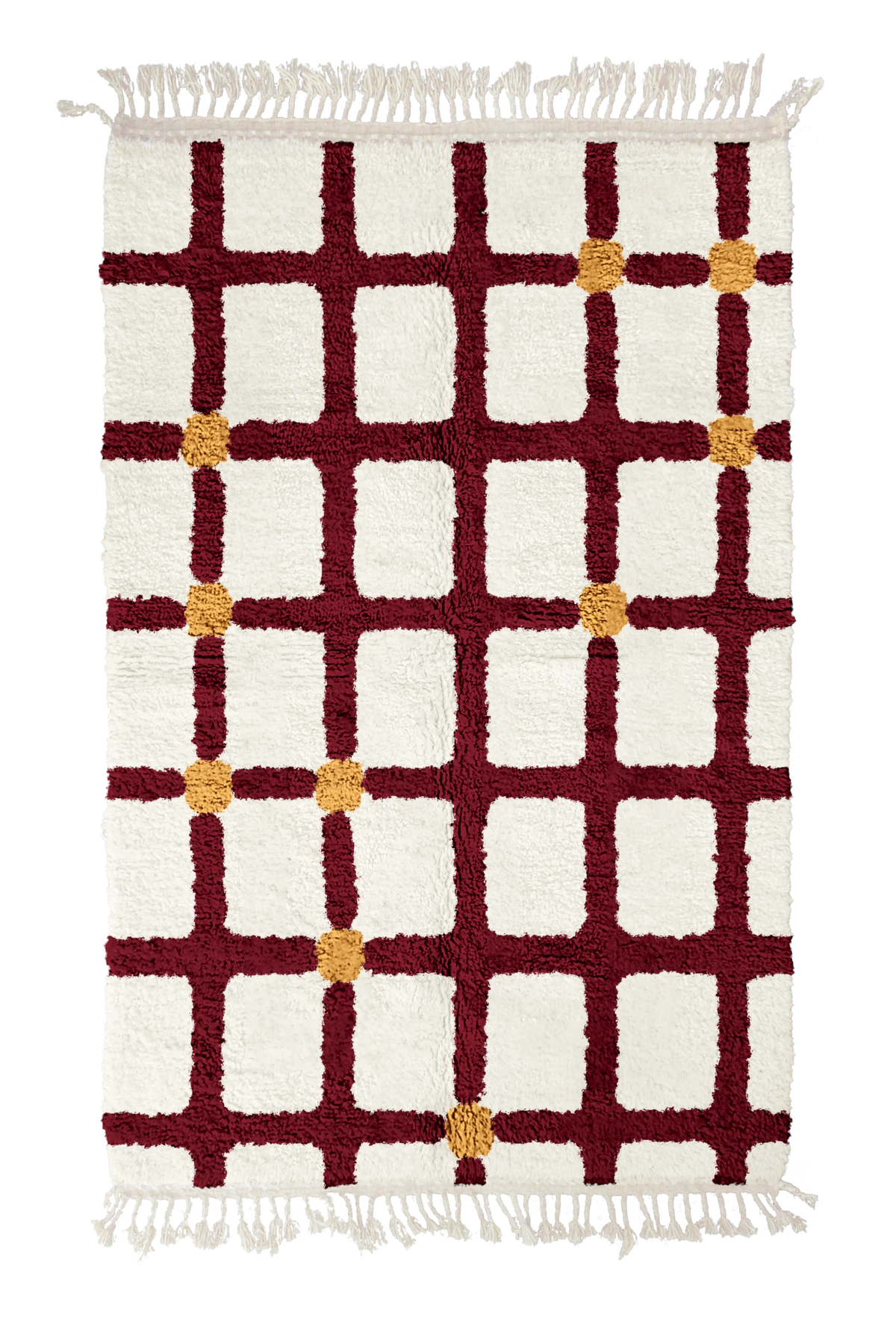Square Crossing grid wool rug, burgundy lines and ochre yellow accents on cream, full view