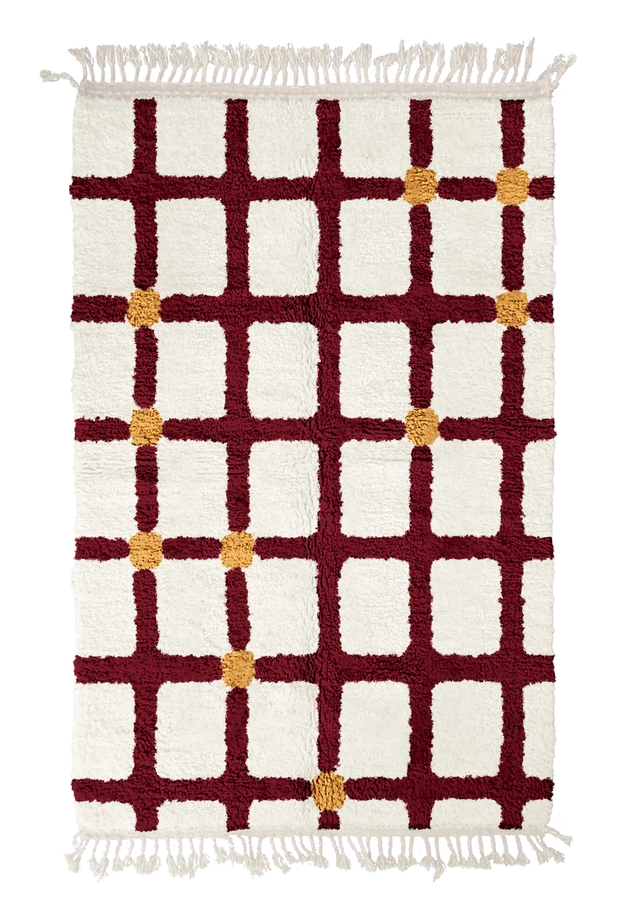 Square Crossing grid wool rug, burgundy lines and ochre yellow accents on cream, full view