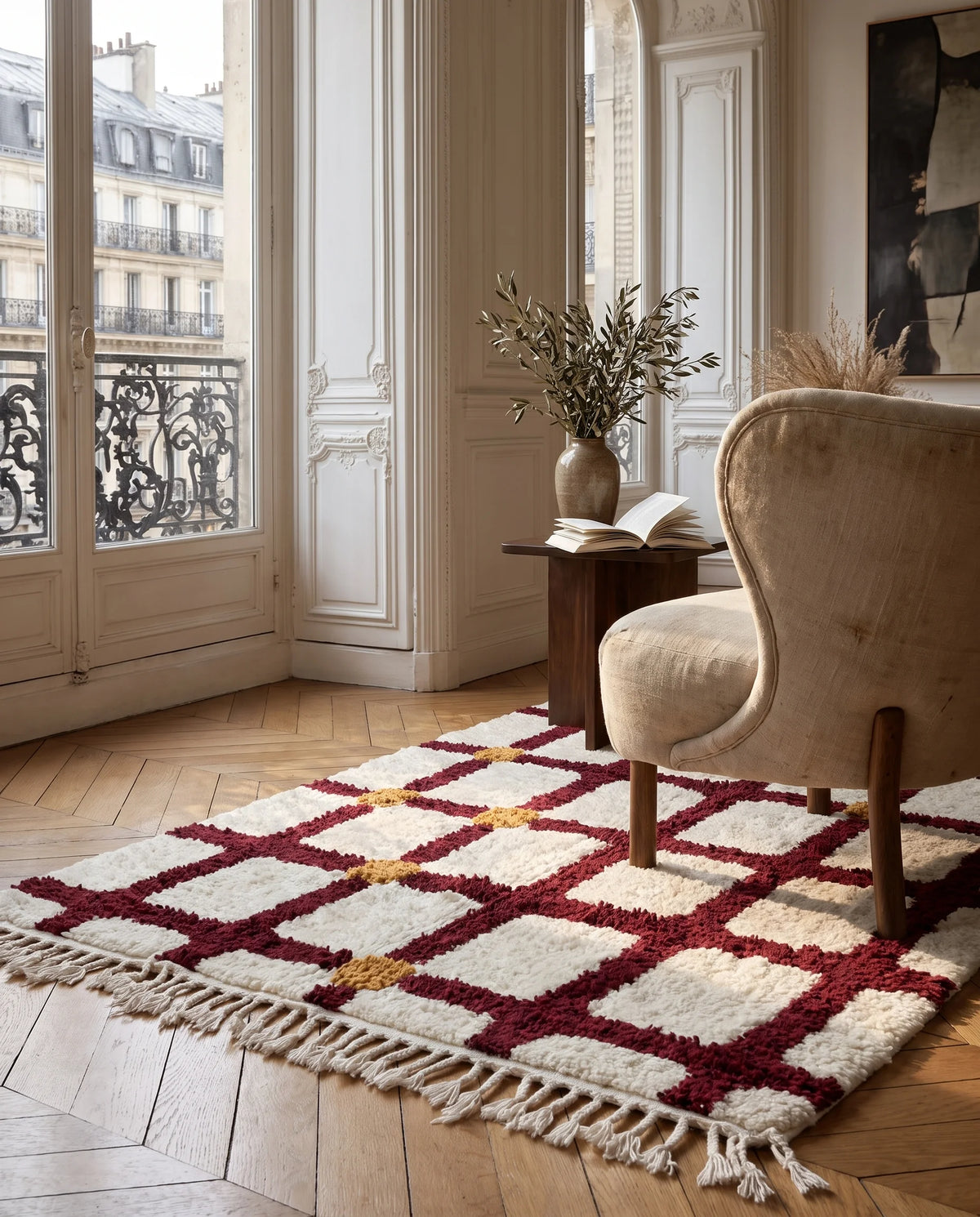 Burgundy, Ochre Yellow and Cream grid wool rug in a furnished room