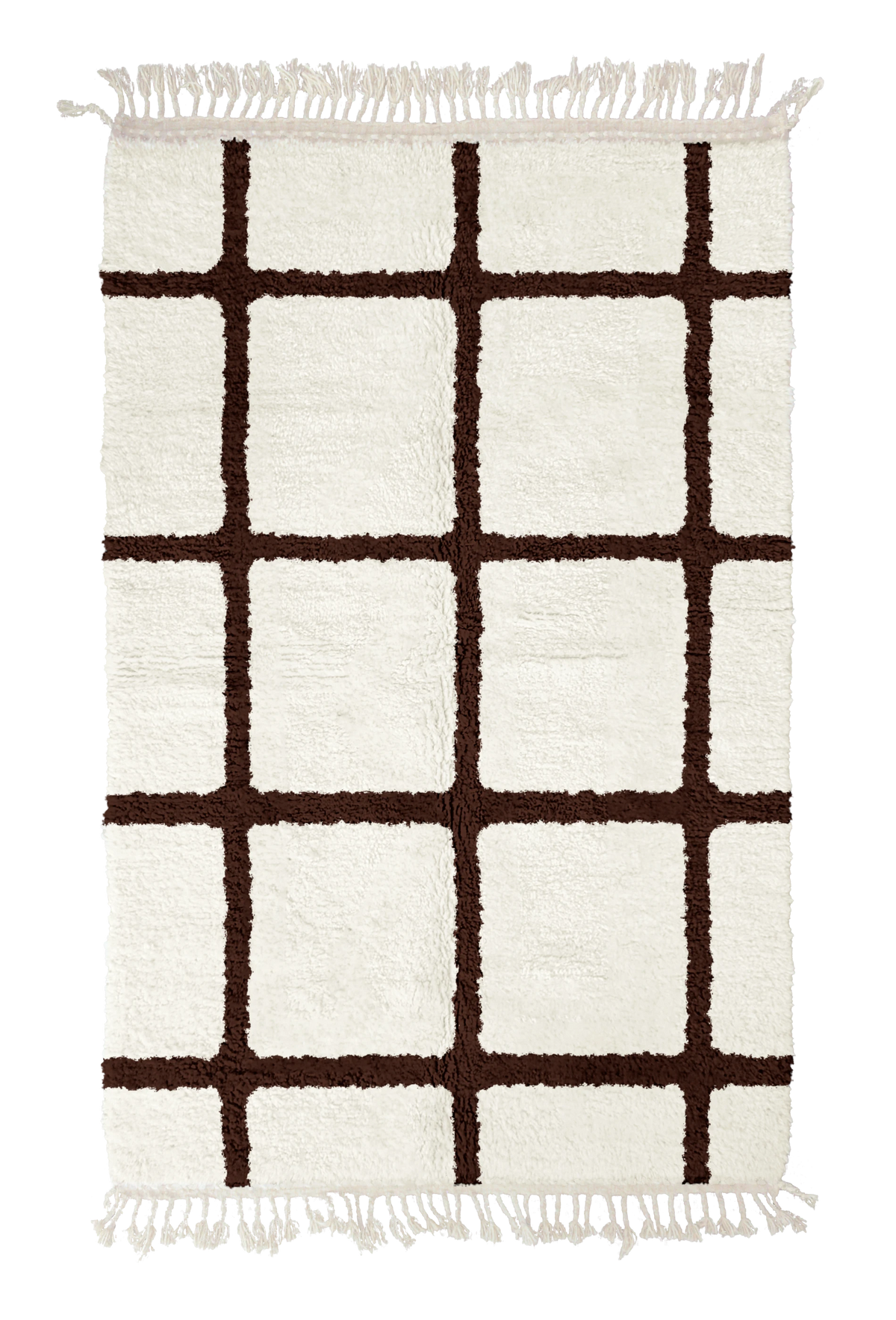 Pane Crossing grid wool rug, dark brown lines on cream, full view