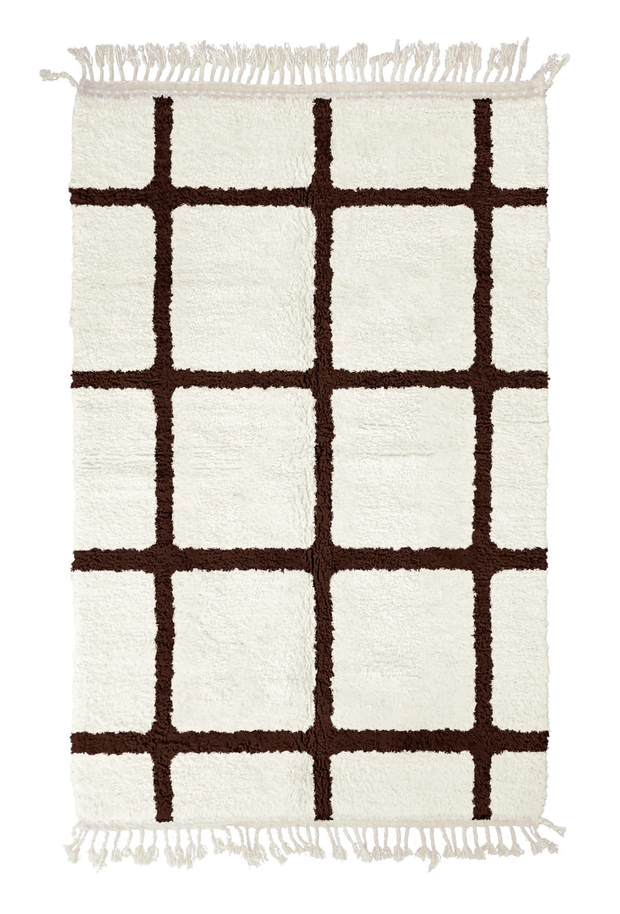 Pane Crossing grid wool rug, dark brown lines on cream, full view
