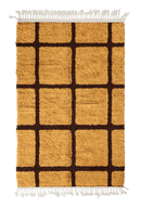 Pane Crossing grid wool rug, dark brown lines on ochre yellow, full view