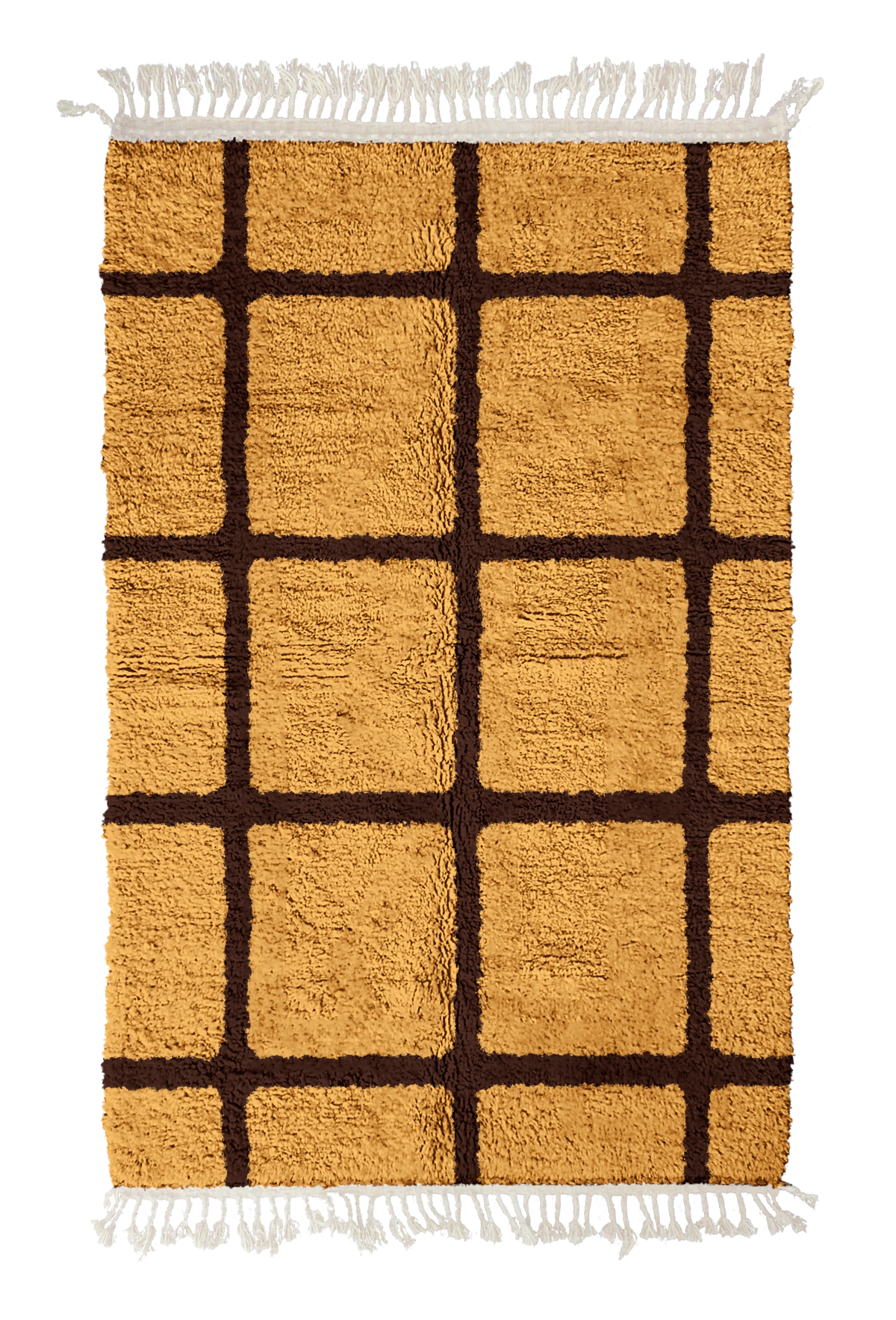 Pane Crossing grid wool rug, dark brown lines on ochre yellow, full view