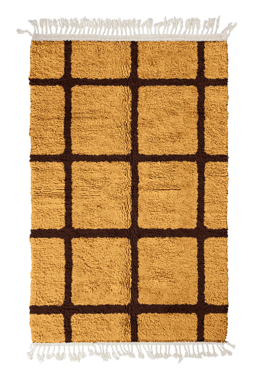 Pane Crossing grid wool rug, dark brown lines on ochre yellow, full view