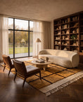 Load image into Gallery viewer, Brown and Ochre Yellow grid wool rug in a furnished room
