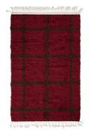 Pane Crossing grid wool rug, dark brown lines on burgundy, full view